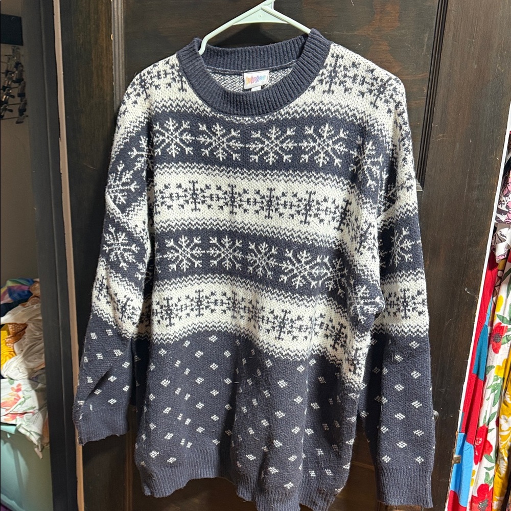 LuLaRoe Blue and White Snowflake Sweater